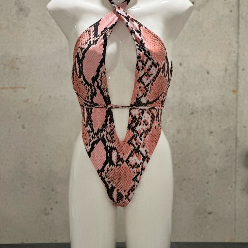 Pink Snake Print Halter Swimsuit